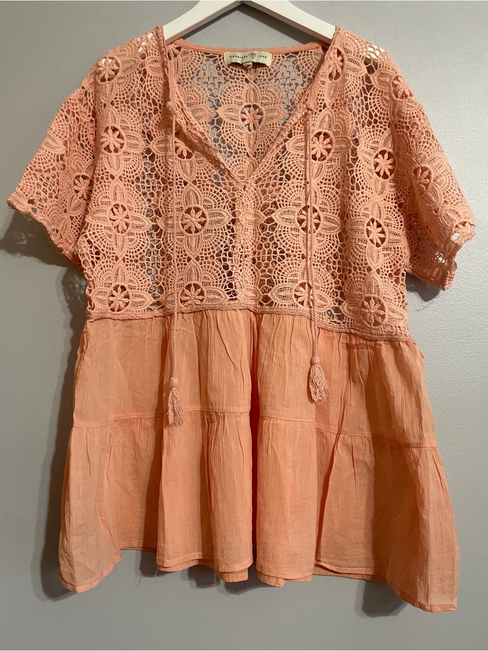 Women’s femine Peach/Pink Crochet Cotton Peasant Blouse